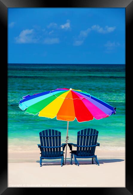 Holiday travel resort chairs with beach sun umbrella  Framed Print by Spotmatik 