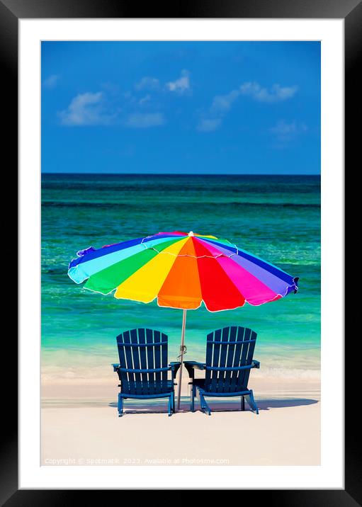 Holiday travel resort chairs with beach sun umbrella  Framed Mounted Print by Spotmatik 