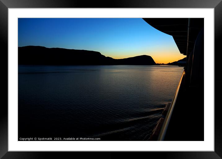 Sunset Silhouette view from Cruise ship Norwegian Fjord  Framed Mounted Print by Spotmatik 