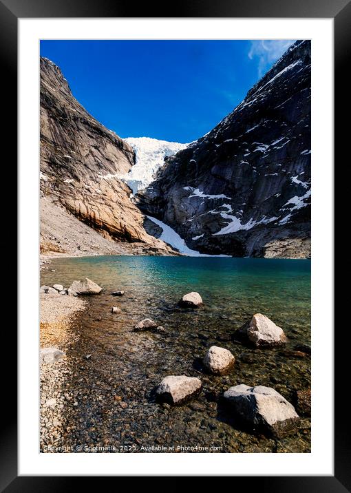 Norwegian valley hiking trail in summer snowy mountains  Framed Mounted Print by Spotmatik 