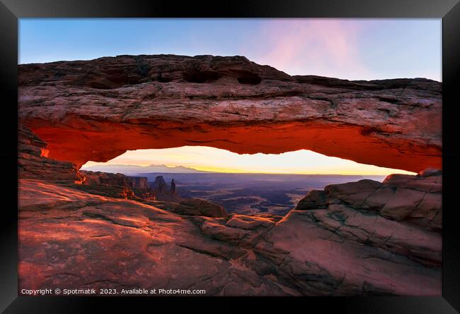 Mesa Arch sunrise Canyonlands National Park Utah USA Framed Print by Spotmatik 