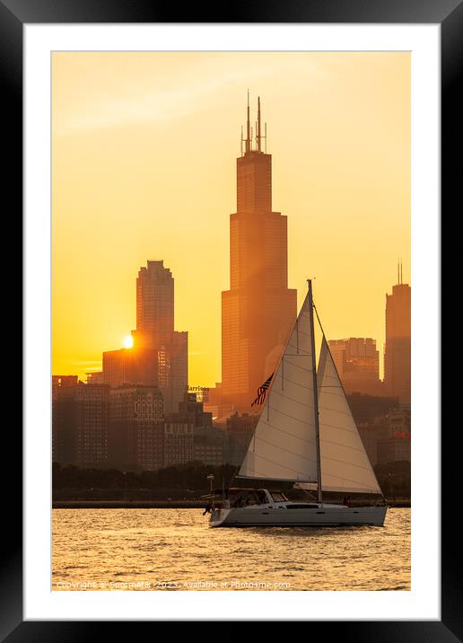 View of yacht sunset Lake Michigan skyline Illinois Framed Mounted Print by Spotmatik 