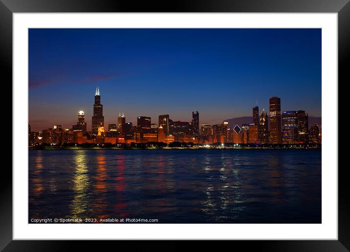 Chicago illuminated view at dusk city skyscrapers USA Framed Mounted Print by Spotmatik 