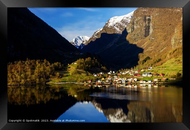 Norway sunlight reflections of scenic mountain valley fjord  Framed Print by Spotmatik 