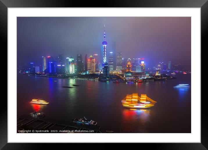 Shanghai Oriental Pearl Tower tourist boats Huangp Framed Mounted Print by Spotmatik 