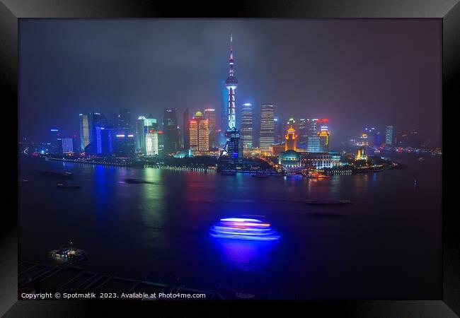 Illuminated Huangpu River Shanghai and Oriental Pe Framed Print by Spotmatik 