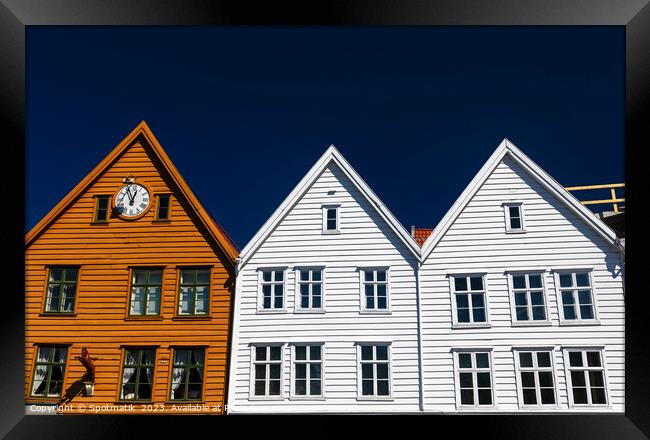 View of Bryggen Bergen Old wooden buildings Norway Framed Print by Spotmatik 