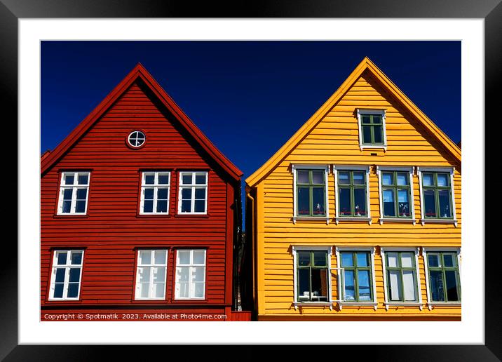 View Bergen Norway colorful wooden clad boat houses  Framed Mounted Print by Spotmatik 