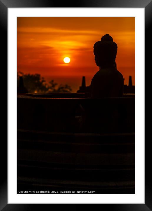 Silhouette at sunrise Borobudur religious temple Java Indonesia Framed Mounted Print by Spotmatik 