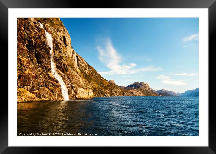 Norwegian scenic cliff waterfall Lysefjorden fjord Norway Europe Framed Mounted Print by Spotmatik 