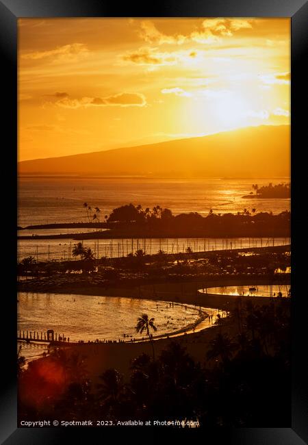 Oahu Island Hawaiian coastal sunset Waikiki Pacific ocean Framed Print by Spotmatik 