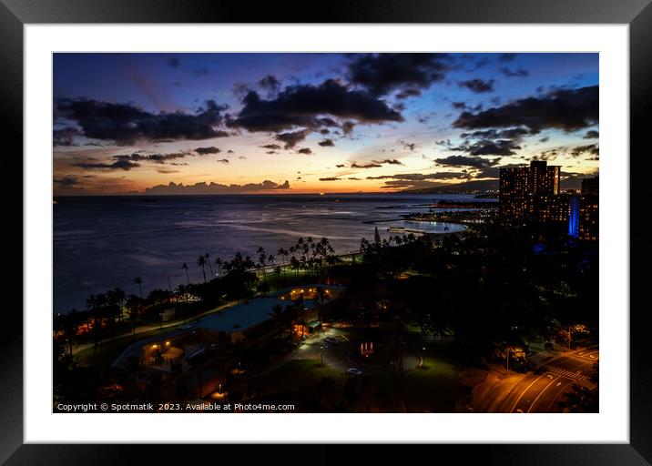 Waikiki sunset illuminated view at dusk Pacific ocean Framed Mounted Print by Spotmatik 