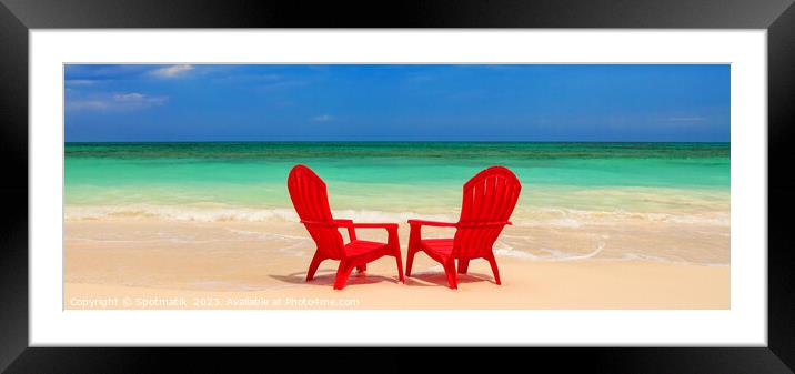 Panoramic red chairs on beach with turquoise ocean Framed Mounted Print by Spotmatik 
