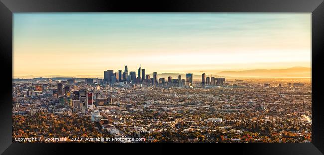 Aerial Panoramic downtown sunrise view Los Angeles America Framed Print by Spotmatik 