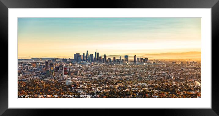 Aerial Panoramic downtown sunrise view Los Angeles America Framed Mounted Print by Spotmatik 