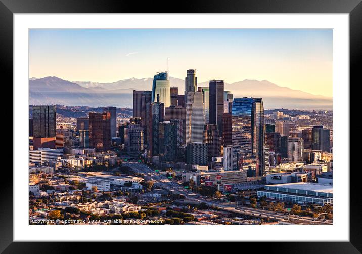 Aerial city sunrise view over Metropolitan Los Angeles  Framed Mounted Print by Spotmatik 
