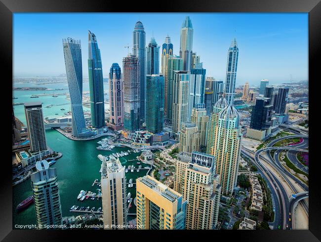 Aerial Dubai cityscape Marina Mall Emirates Middle East  Framed Print by Spotmatik 