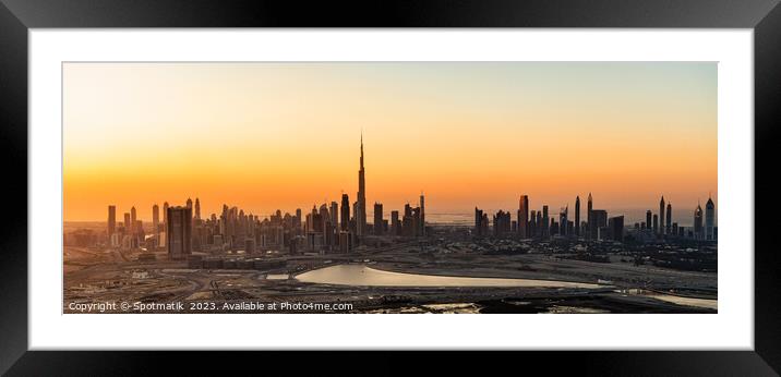 Aerial Panorama sunset Dubai city modern skyscrapers UAE Framed Mounted Print by Spotmatik 