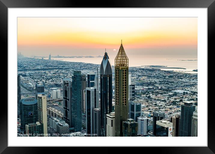 Aerial Dubai sunset Persian Gulf coastline skyscrapers UAE Framed Mounted Print by Spotmatik 