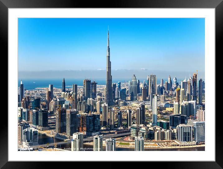 Aerial view of Burj Khalifa city skyscrapers UAE Framed Mounted Print by Spotmatik 