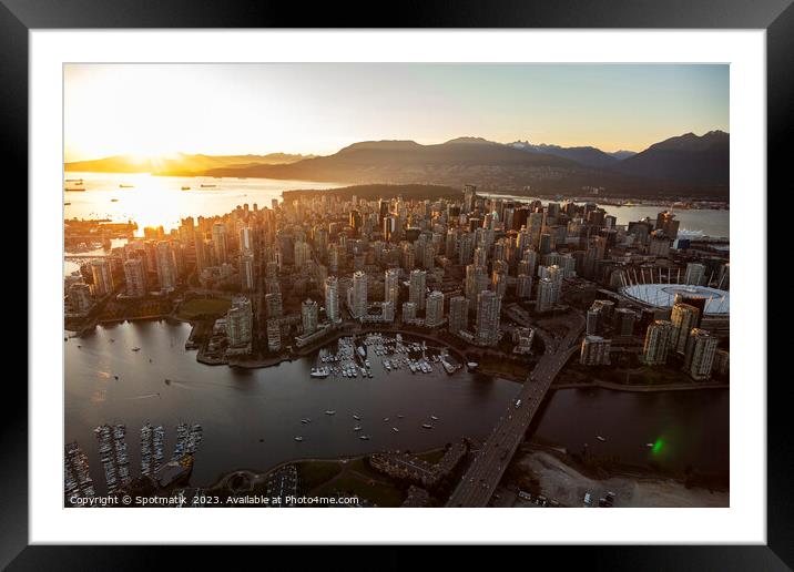 Aerial sunset Vancouver skyscrapers BC Place Stadium Canada Framed Mounted Print by Spotmatik 