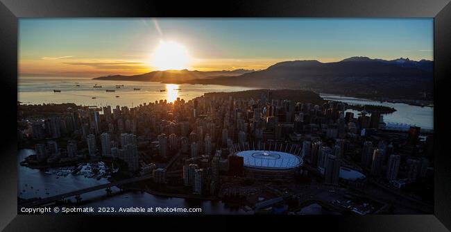 Aerial at sunset over Vancouver BC Place Stadium  Framed Print by Spotmatik 