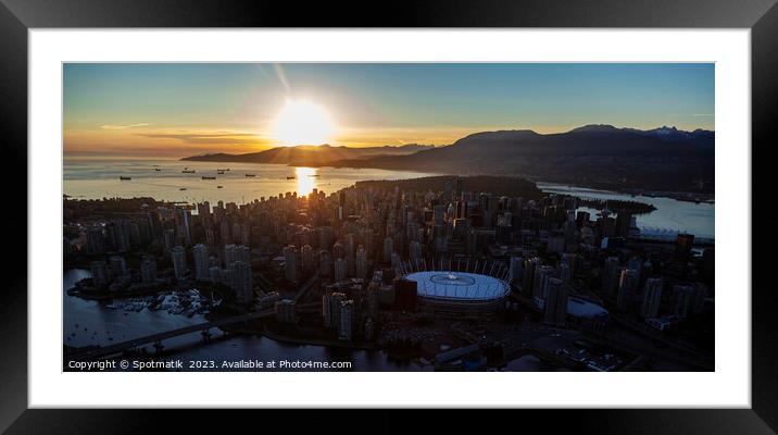 Aerial at sunset over Vancouver BC Place Stadium  Framed Mounted Print by Spotmatik 