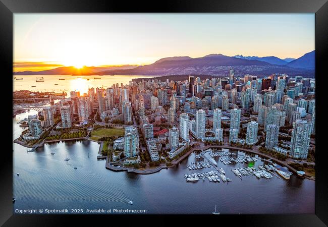 Aerial sunset over Vancouver skyscrapers False Creek Canada Framed Print by Spotmatik 
