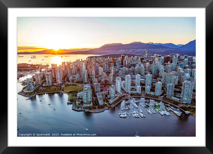 Aerial sunset over Vancouver skyscrapers False Creek Canada Framed Mounted Print by Spotmatik 