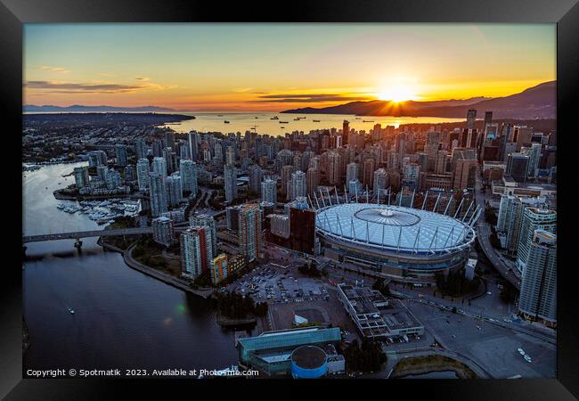Aerial Vancouver sunset over BC Place Stadium Canada Framed Print by Spotmatik 