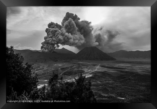 Indonesia ash cloud from active Mount Bromo volcano  Framed Print by Spotmatik 