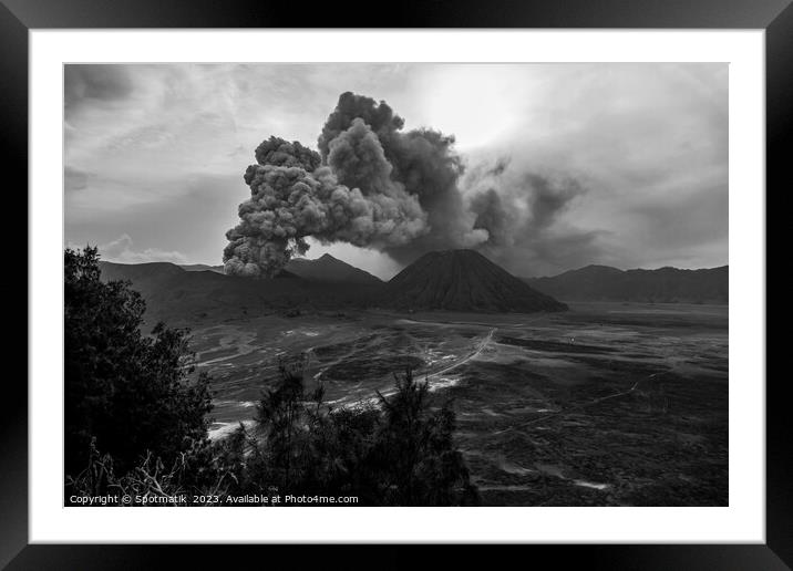 Indonesia ash cloud from active Mount Bromo volcano  Framed Mounted Print by Spotmatik 