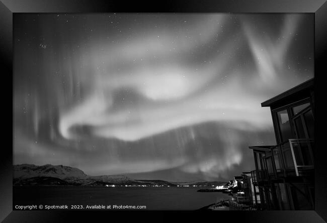 Northern Lights over Norwegian Fjord lake home Norway Framed Print by Spotmatik 