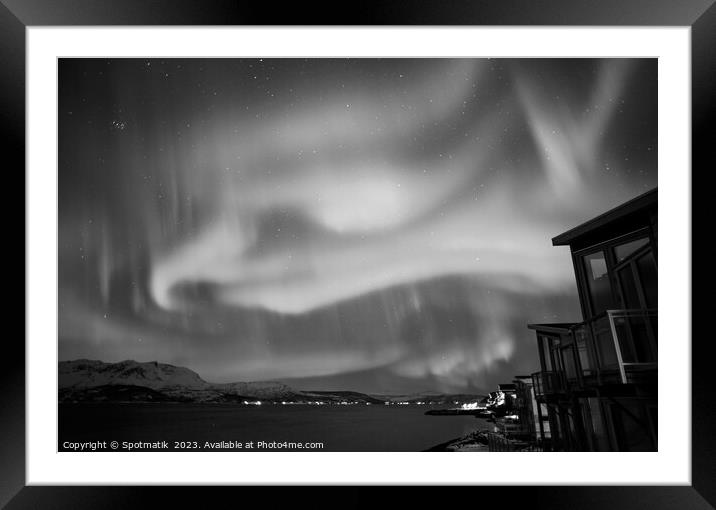 Northern Lights over Norwegian Fjord lake home Norway Framed Mounted Print by Spotmatik 