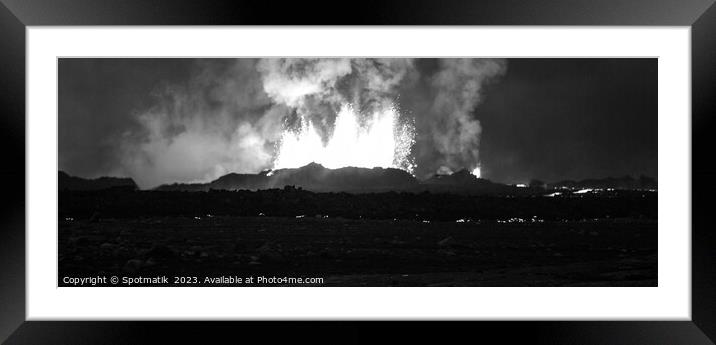 Aerial Panorama view of erupting molten lava Iceland Framed Mounted Print by Spotmatik 