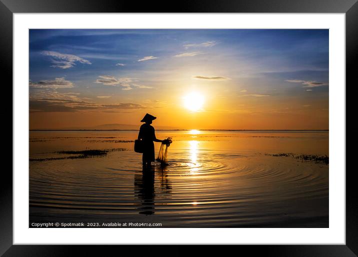 Balinese fisherman at sunrise in Silhouette fishing Asia Framed Mounted Print by Spotmatik 