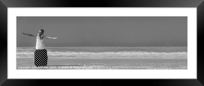 Panorama Portrait of girl cruise travel luggage on beach Framed Mounted Print by Spotmatik 