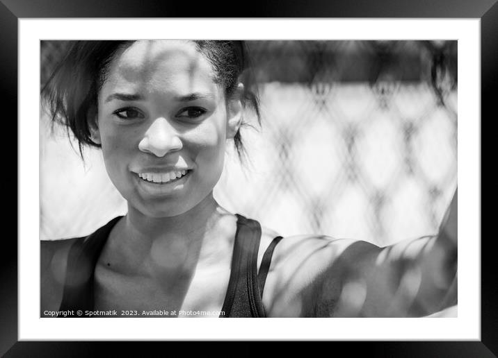 Afro American female smiling after healthy outdoor exercise Framed Mounted Print by Spotmatik 