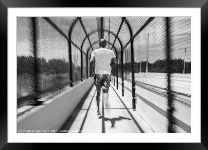 Solo African American man running through covered walkway Framed Mounted Print by Spotmatik 