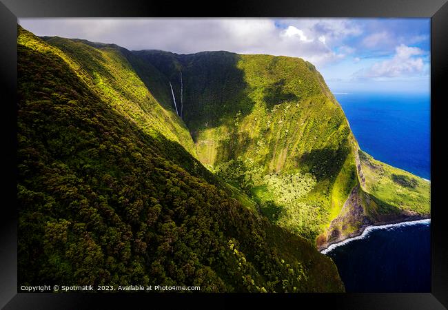 Aerial Molokai coastal rainforest waterfalls with lush foliage  Framed Print by Spotmatik 