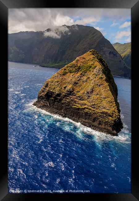 Aerial shoreline view of volcanic sea cliffs Molokai  Framed Print by Spotmatik 