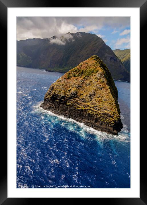 Aerial shoreline view of volcanic sea cliffs Molokai  Framed Mounted Print by Spotmatik 