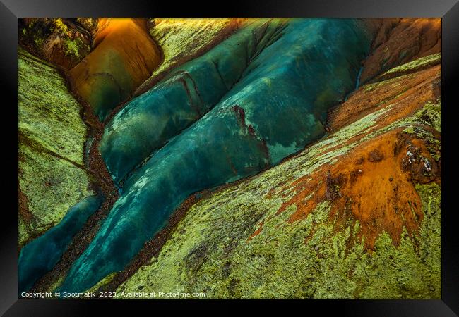 Aerial of colored rock formations in glacial Landmannalaugar  Framed Print by Spotmatik 