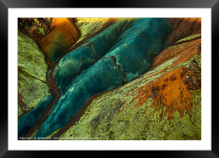 Aerial of colored rock formations in glacial Landmannalaugar  Framed Mounted Print by Spotmatik 