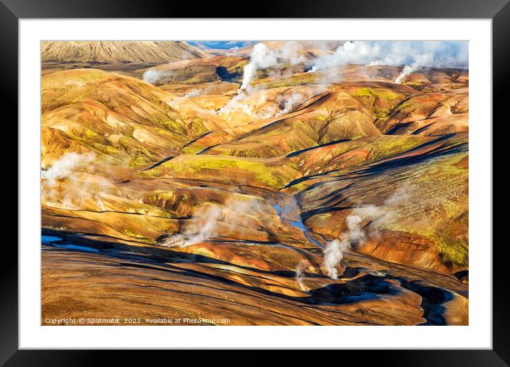 Aerial natural steam rising from steam fissures Landmannalaugar  Framed Mounted Print by Spotmatik 