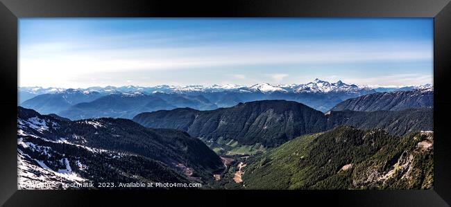 Aerial Panorama of snow covered mountains Vancouver Canada Framed Print by Spotmatik 