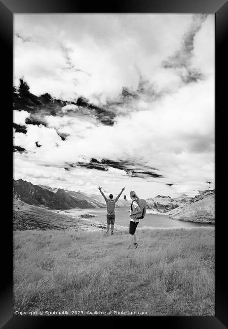 Happy female using smartphone taking travel photo friend Framed Print by Spotmatik 