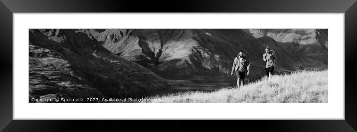 Panoramic adventure couple on vacation hiking trip South Island Framed Mounted Print by Spotmatik 