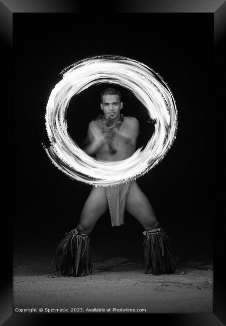 French Polynesia Illuminated flaming torch male Fire dancer  Framed Print by Spotmatik 