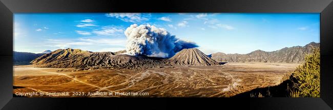 Panorama volcanic activity from the summit Mt Bromo  Framed Print by Spotmatik 